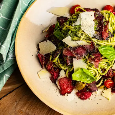 Biltong and basil pesto pasta