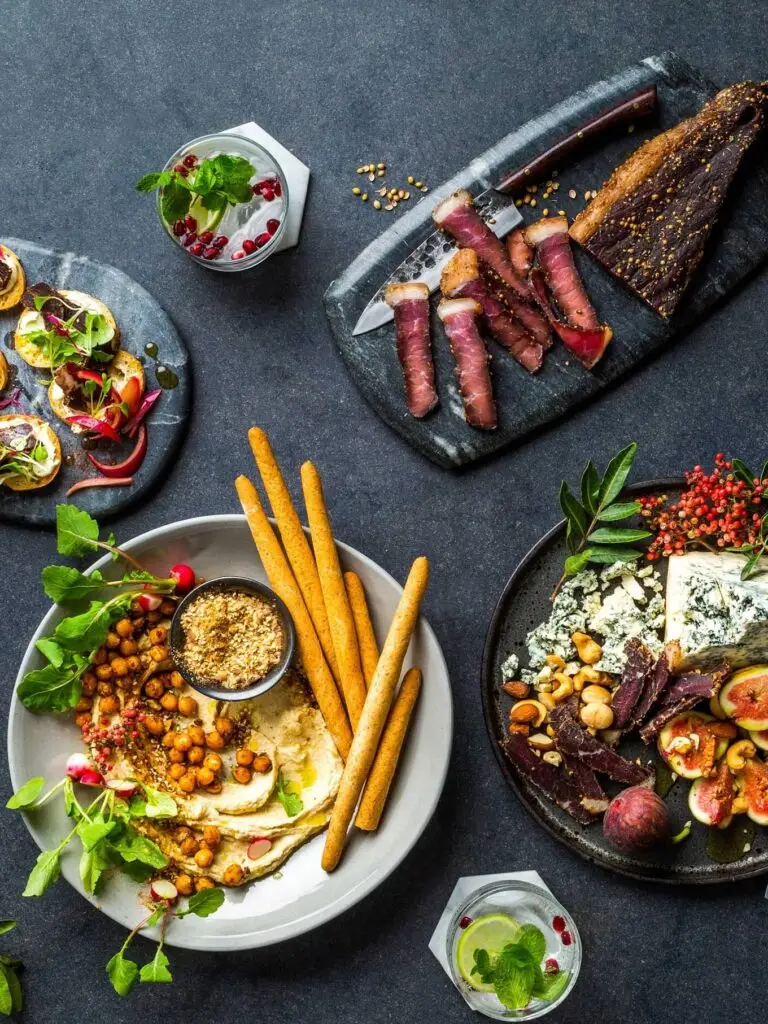 Hummus with spicy biltong chickpeas and dukkah